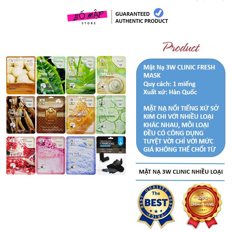 [SALE] [CAM KẾT 100% CHÍNH HÃNG] Mặt nạ 3w Clinic Fresh Mask Sheet Hàn Quốc