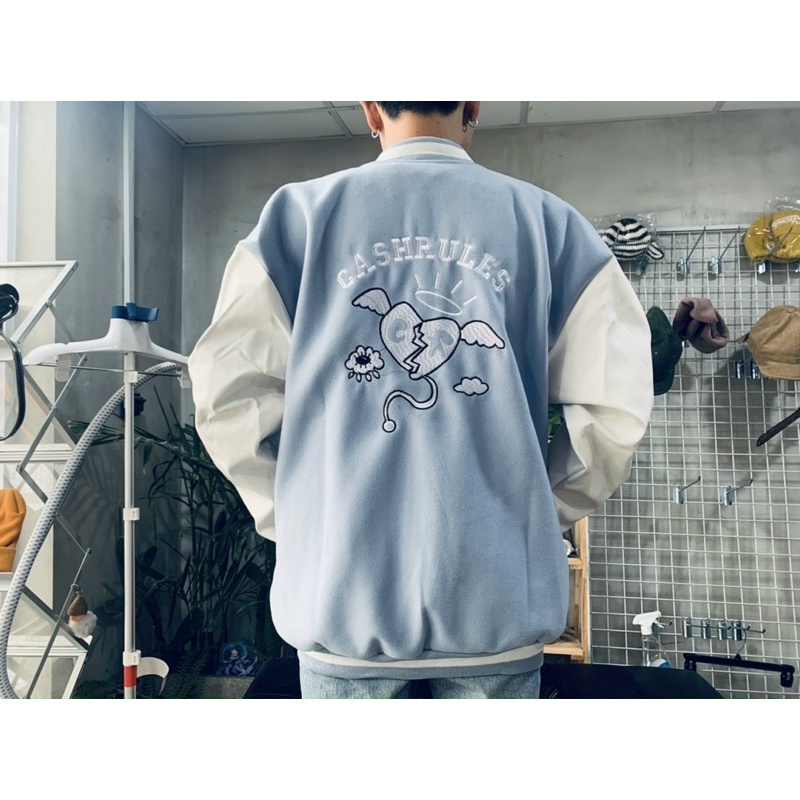 ÁO BOMBER DẠ XANH DƯƠNG PHỐI TAY DA UNISEX NAM NỮ (kèm ảnh thật)