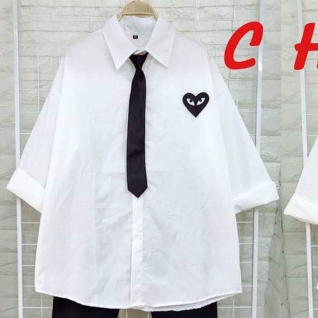 Áo sơ mi thêu tim cộc tay kèm cavat COH0419