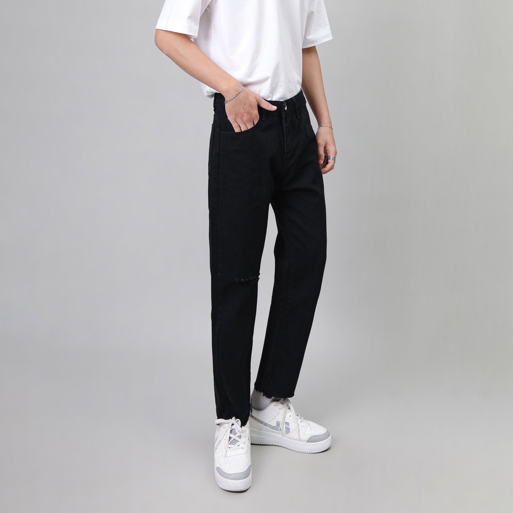 Quần Jean Nam Rách Gối MANDO Vải Bò Cao Cấp 2 Màu Xanh Đen Form Suông Rộng Basic Unisex Thời Trang Hàn Quốc QJN056