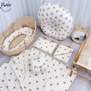 Bé bé - set bộ chăn, gối đầu, gối chặn, gối ôm, chăn ủ họa tiết kẻ nâu cho bé