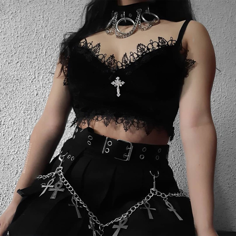 Áo Croptop Hai Dây Nhung Đen Cổ Chữ V Khoét Sâu Phối Ren Phong Cách Gothic Harajuku Gợi Cảm Cho Nữ