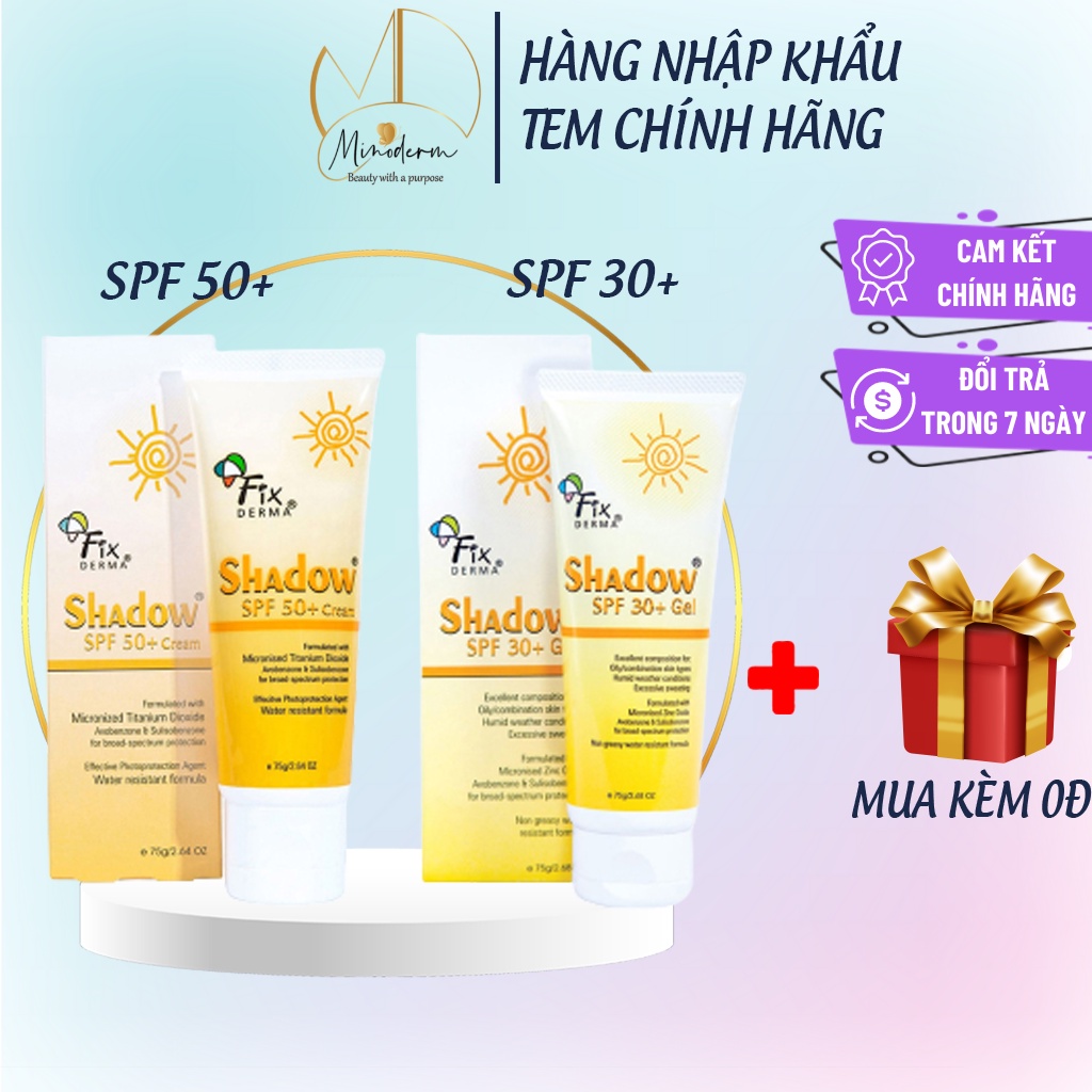 Kem Chống Nắng  Fixderma Shadow cream SPF 50+, Gel Spf 30 chống nắng cho da mặt và toàn thân 75g