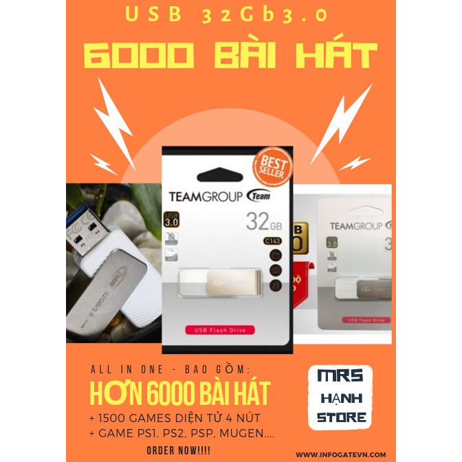 USB 32Gb 3.0 Kèm 6000 Bài Hát MP3 Chất Lượng Cao Các Thể Loại + 1500 Games Điện Tử 4 Nút