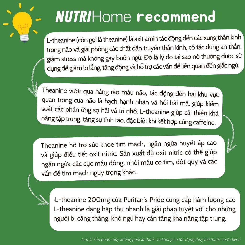 Viên uống giảm căng thẳng, lo âu L-theanine 200mg Puritan’s Pride giúp an thần, hỗ trợ giấc ngủ (Nutri Home) (60 viên)