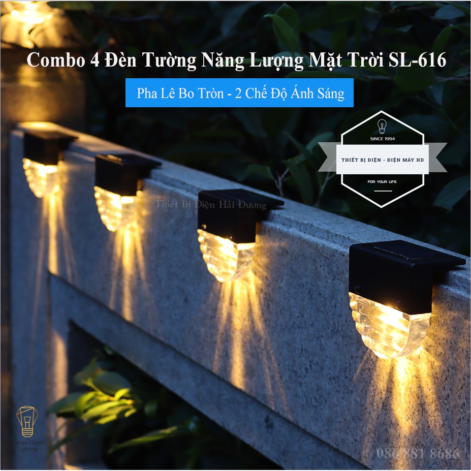 Combo 4 Đèn Led Gắn Tường Pha lê Kiểu Bo Tròn SL-616 - Sử Dụng Năng Lượng Mặt Trời - 2 Chế Độ Ánh Sáng - Chống Nước IP65