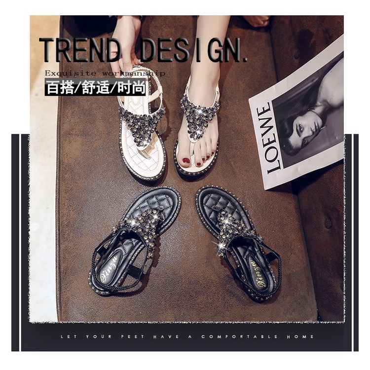 Dép Xỏ Ngón Đế Bằng Đính Đá Size Lớn 35-43 Thời Trang Đi Biển Cho Nữ