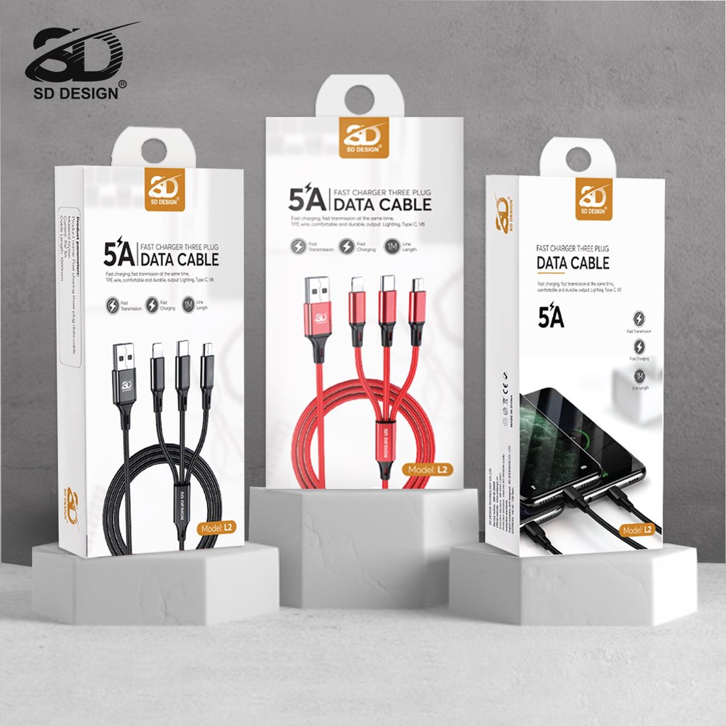 Cáp Sạc 3 Đầu Dây Dù L2 SD Design ip/tablet táo/Androi/TypeC dây sạt 3 in 1 chống đứt,xạc nhiều máy,bảo hành