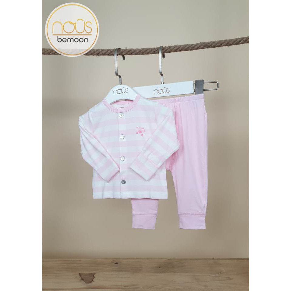 Bộ sơ sinh Nous - Bộ cài thẳng newborn Nous Petit kẻ hồng trắng (chim hồng)