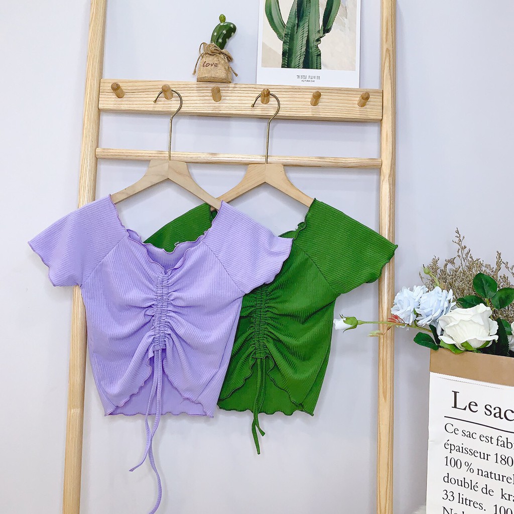 ÁO CROPTOP THUN NGẮN - ÁO KIỂU CRT ULZANG NGẮN TAY RÚT DÂY TRƠN BASIC 161