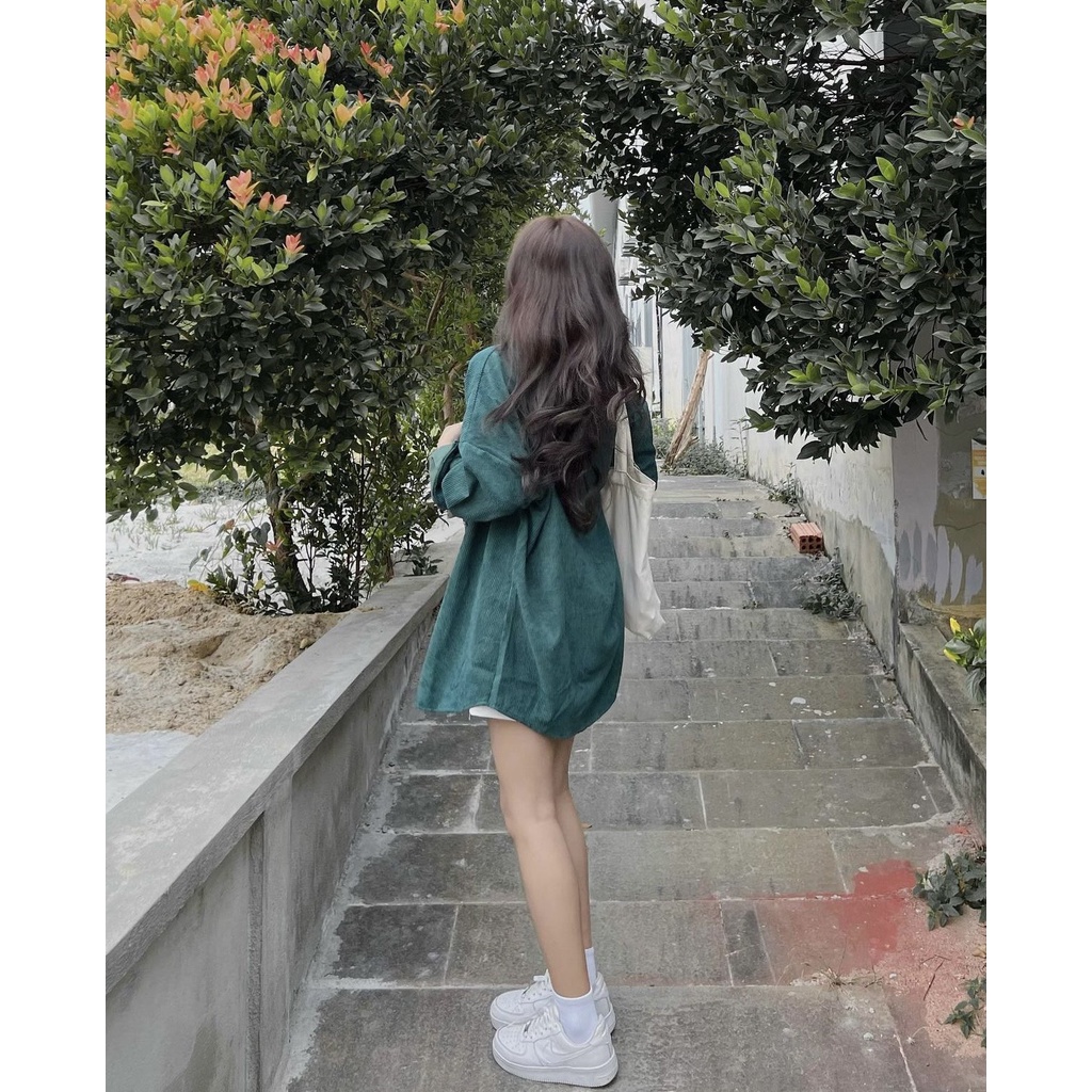 [Ảnh thật/Sẵn] Áo sơ mi nhung tăm trơn dài tay oversize form rộng ulzzang