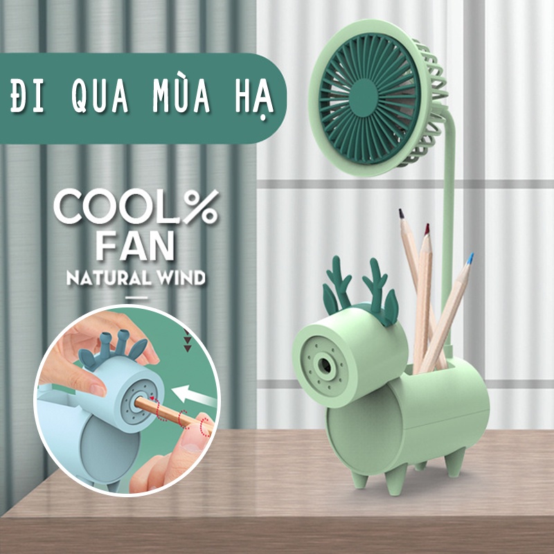 Quạt mini để bàn tích điện để bút kiêm gọt bút chì sạc điện usb cao cấp