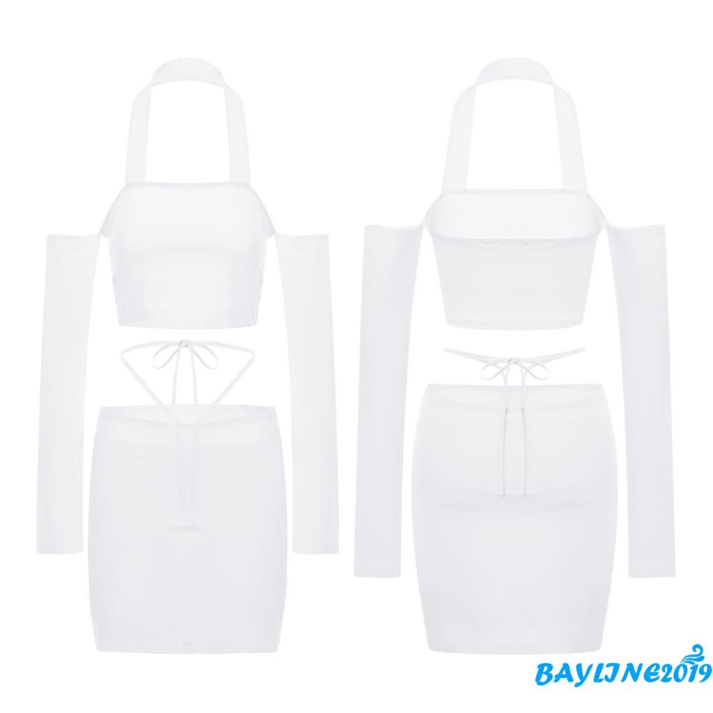 Set Áo Cổ Yếm Hở Vai + Chân Váy Màu Trơn Phong Cách Quyến Rũ Dành Cho Nữ