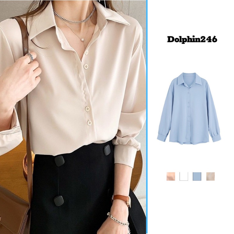 Áo sơ mi nữ công sở tay dài đi học đi làm dáng rộng cổ bẻ basic form rộng áo kiểu phong cách Hàn Quốc N-4