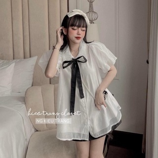Áo sơ mi babydoll viền ren thắt nơ, sơ mi dáng xòe tay bồng freesize LP5