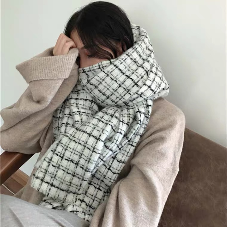 ~Rẻ nhất~ Khăn dạ Tweed Dongdaemun Hàn Quốc quàng cổ mùa đông ấm áp họa tiết kẻ đen trắng phụ kiện đôi nam nữ