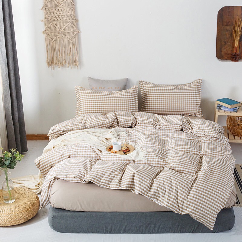 Bộ Chăn Ga Gối Cotton Poly Caro Nâu Be Chăn Chần Bông