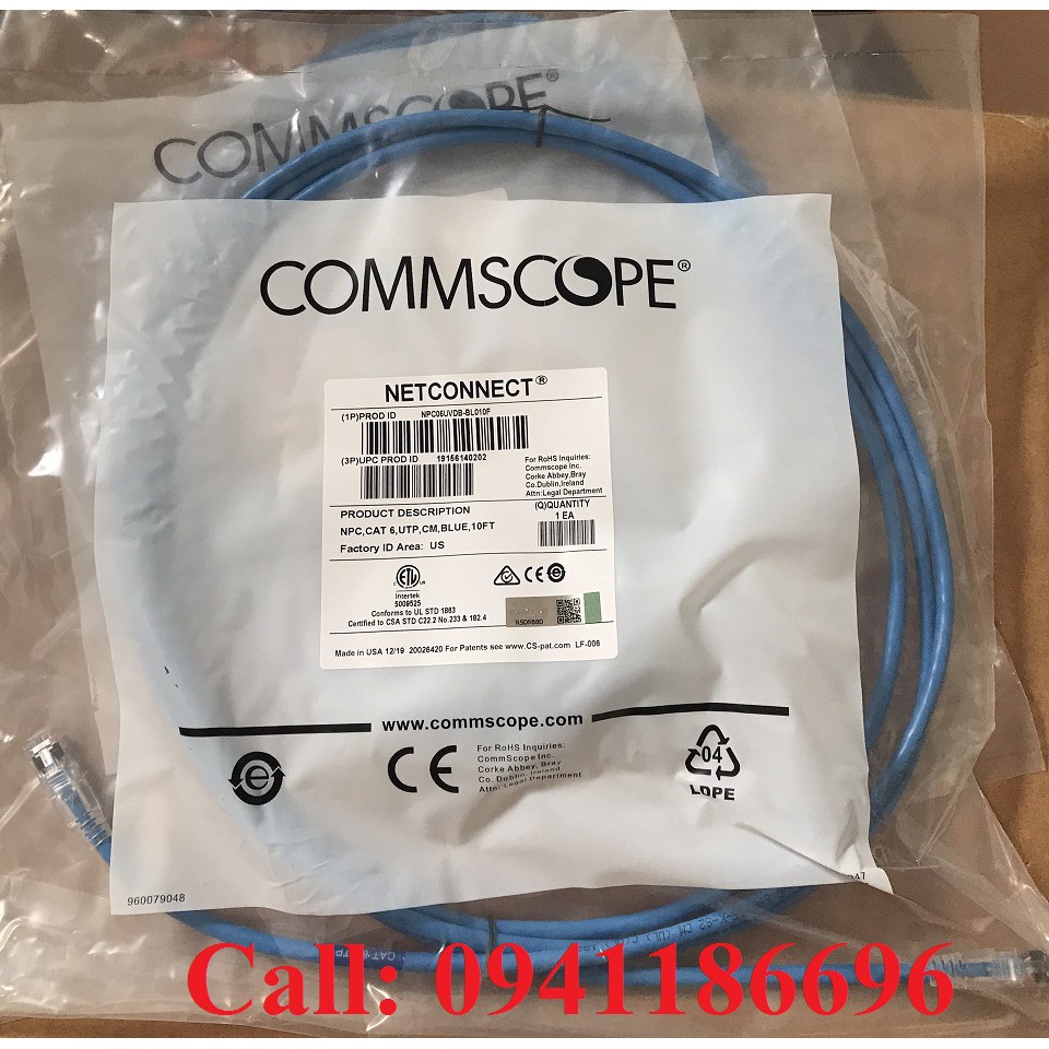 Cáp đúc 2 đầu dây mạng CommScope/ AMP Cat6 3 mét