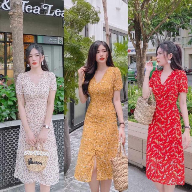 Đầm váy maxi hoa nhí gài nút trước