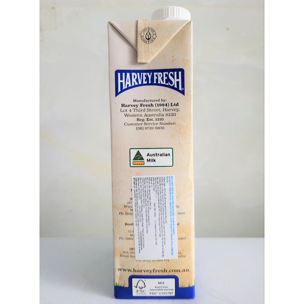 [Hộp 1 Lít – X.DƯƠNG] SỮA TIỆT TRÙNG NGUYÊN KEM [Australia] HARVEY FRESH UHT Full Cream Milk (pkg)