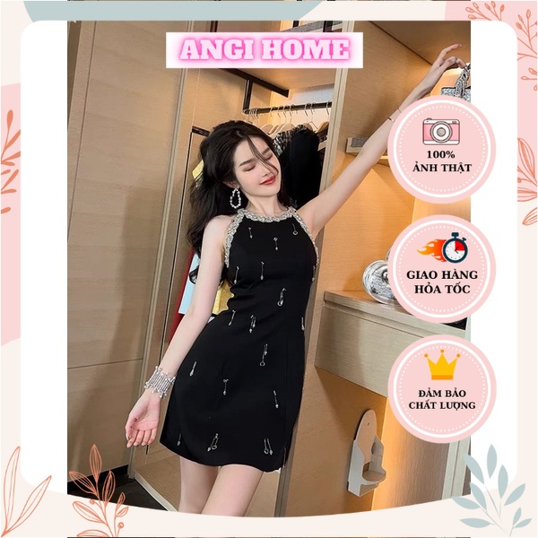 ĐẦM ĐEN CỔ YẾM VIỀN ĐÁ GẮN HẠT TRÁI TIM