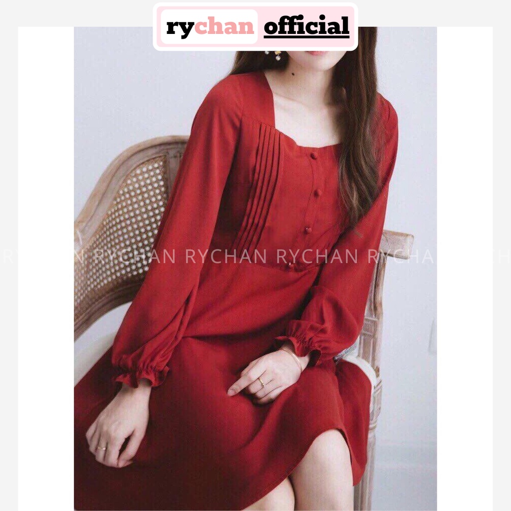 Đầm Xòe Đỏ Nút Bọc Cổ Vuông Tay Dài [ẢNH THẬT CUỐI] - DX818