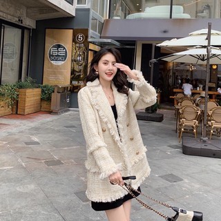 Áo khoác dạ tweed trắng be cổ vest tua rua dáng lỡ [Ảnh thật 3-9]