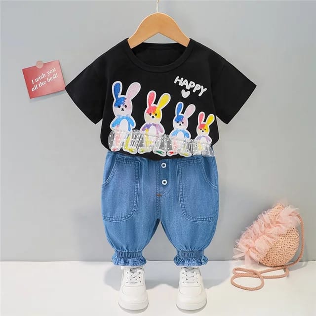 Bộ Áo Sơ Mi Ngắn Tay + Quần Jeans Thời Trang Cho Bé Gái
