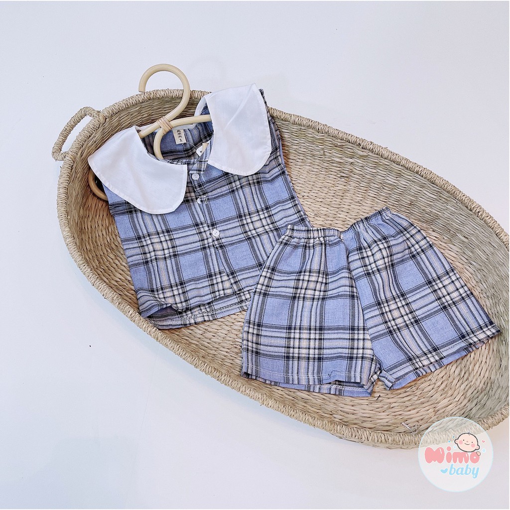Bộ bé gái hè - Bộ kẻ xanh cổ cánh sen Mimo Baby
