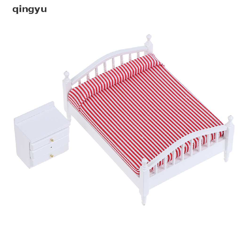 1 Giường Đôi + 1 Bàn Đầu Giường Mini Tỉ Lệ 1: 12 Trang Trí Nhà Búp Bê