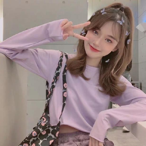 Áo Croptop Dài Tay Cổ Tròn💖𝑭𝑹𝑬𝑬𝑺𝑯𝑰𝑷💖Áo Croptop Rộng Trơn Thun Co Giãn 4 Chiều 2 Màu Thoáng Mát