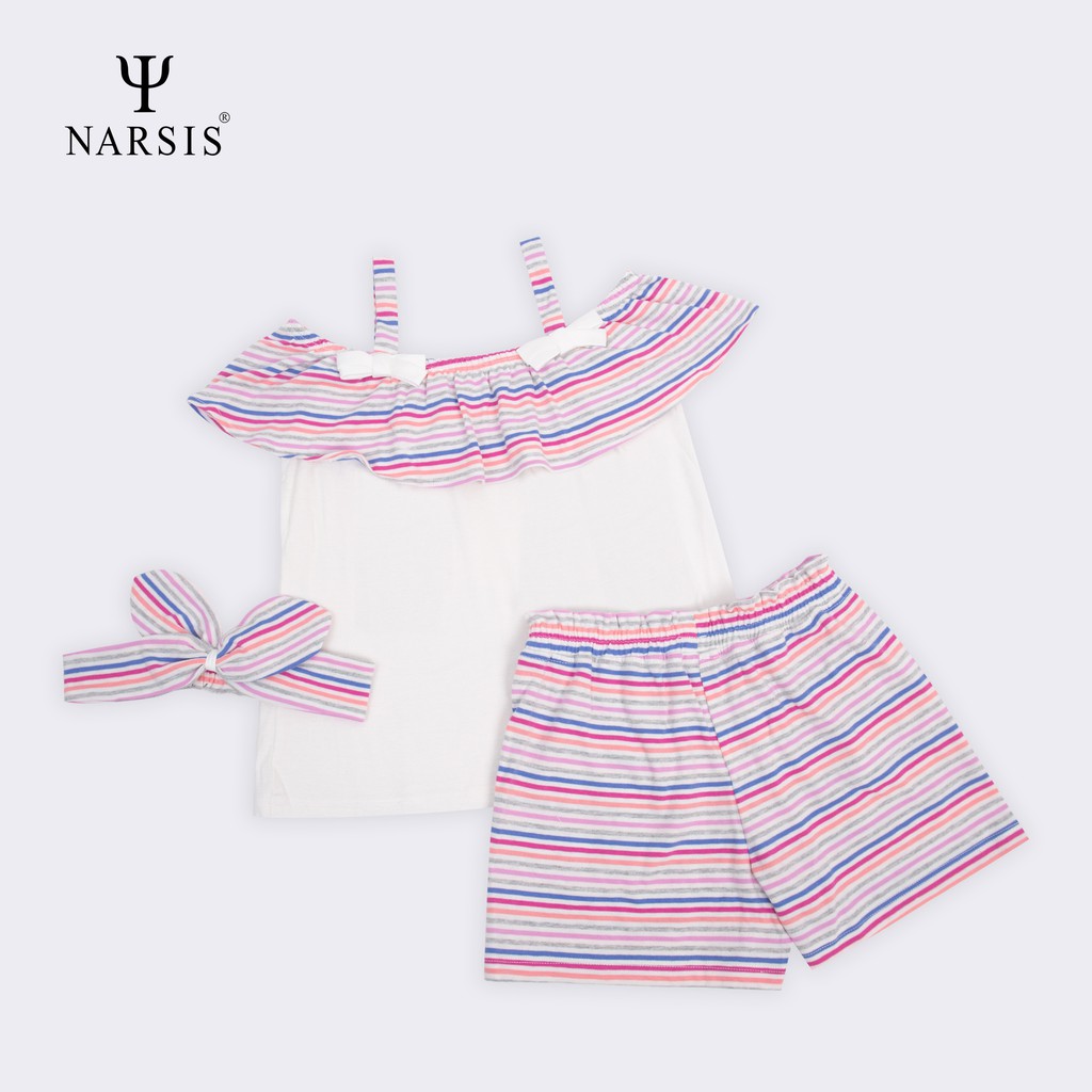 Bộ đồ hè bé gái Narsis KM0064 kẻ ghi hồng - áo trắng