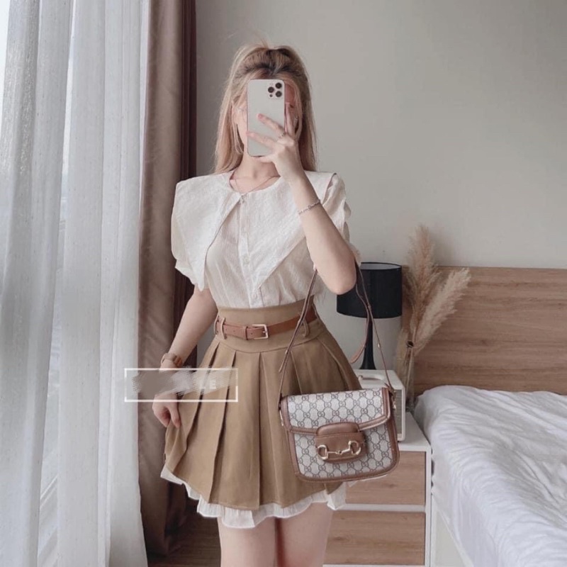 Set Áo Sơ mi Cổ Nhọn Mix Chân Váy Xếp Ly Nâu Kèm Đai
