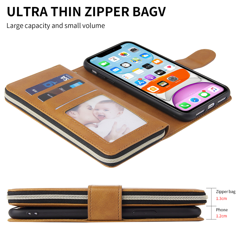 Ốp Điện Thoại Da Kèm Ngăn Đựng Thẻ Có Khóa Kéo Cho IPhone 13 12 Mini 11 Pro Xs Max XR I8 I7 Plus SE2020