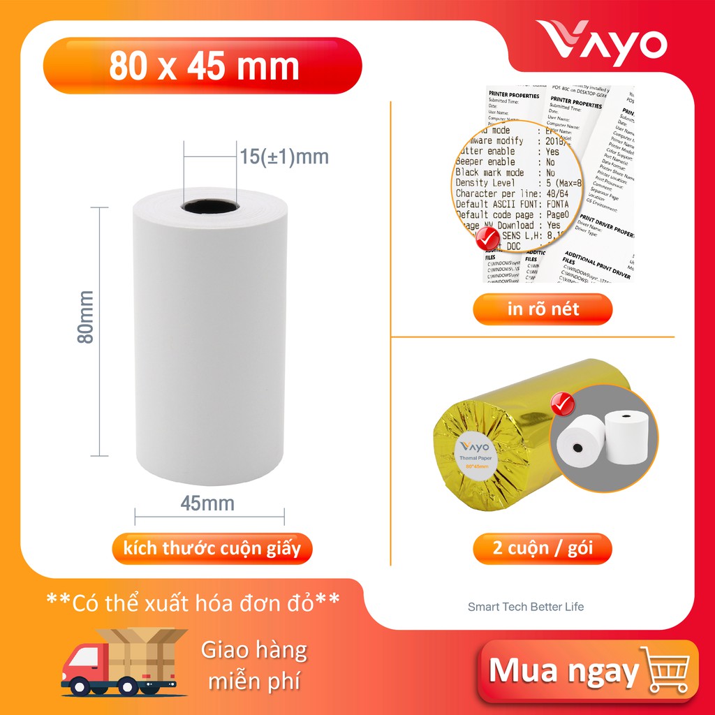 CUỘN LẺ Giấy in nhiệt K80, giấy in bill 80 x 45mm VAYO, lõi nhỏ siêu tiết kiệm, định lượng 65gsm