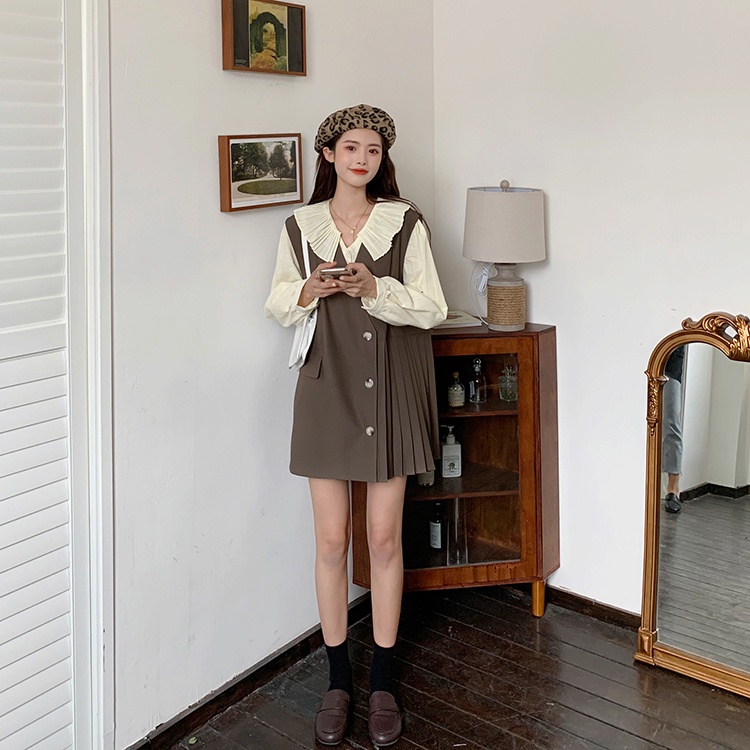 Bộ đầm vest không tay và áo sơ mi 3 màu trơn thời trang retro Hàn Quốc thời trang cho nữ