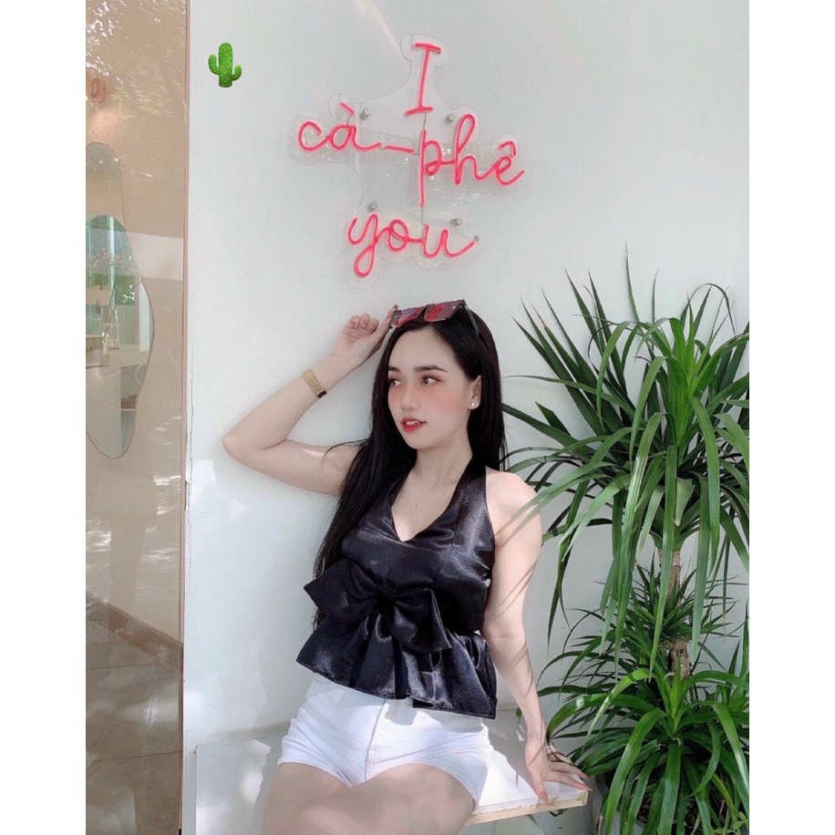 [Dưới 52kg] Áo yếm phi bóng choàng cổ đính nơ to hở lưng PC sexy gợi cảm siêu đẹp