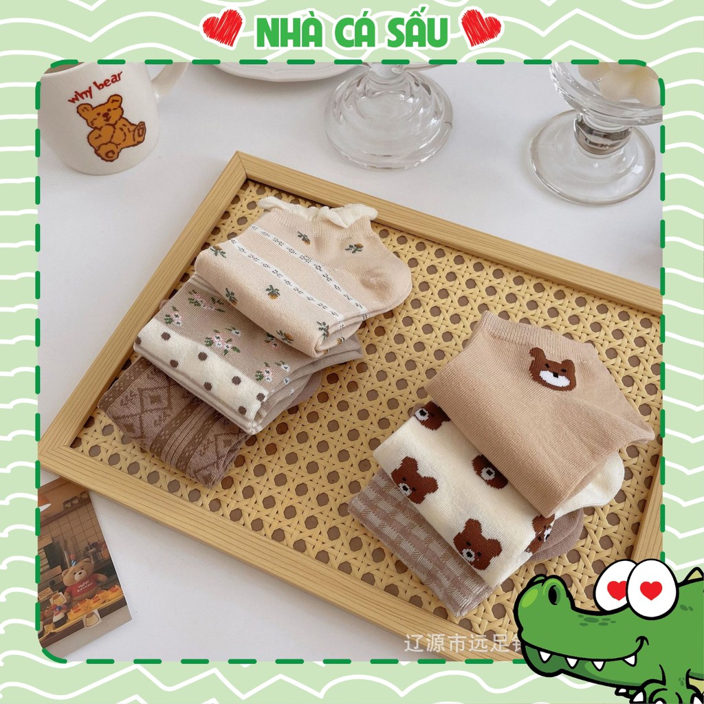 [LOẠI 1] Tất Vớ Nam Nữa Ngắn Cổ Bèo Vintage Đáng Yêu Họa Tiết Gấu Brownie Nhà Cá Sấu