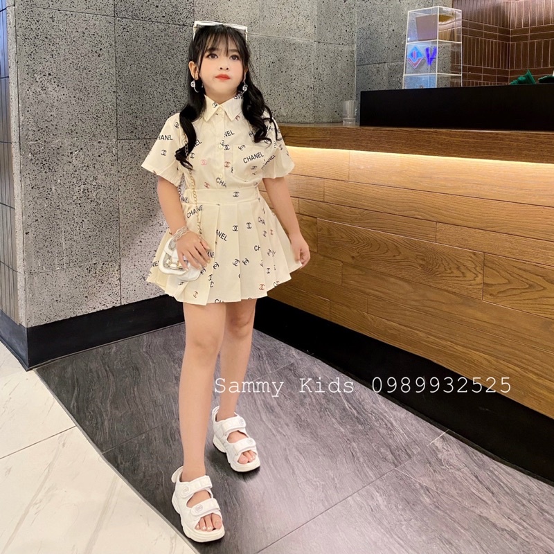 Set áo Sơmi CN quần váy xếp ly Kaki cho bé gái size đại 16-41kg cao cấp
