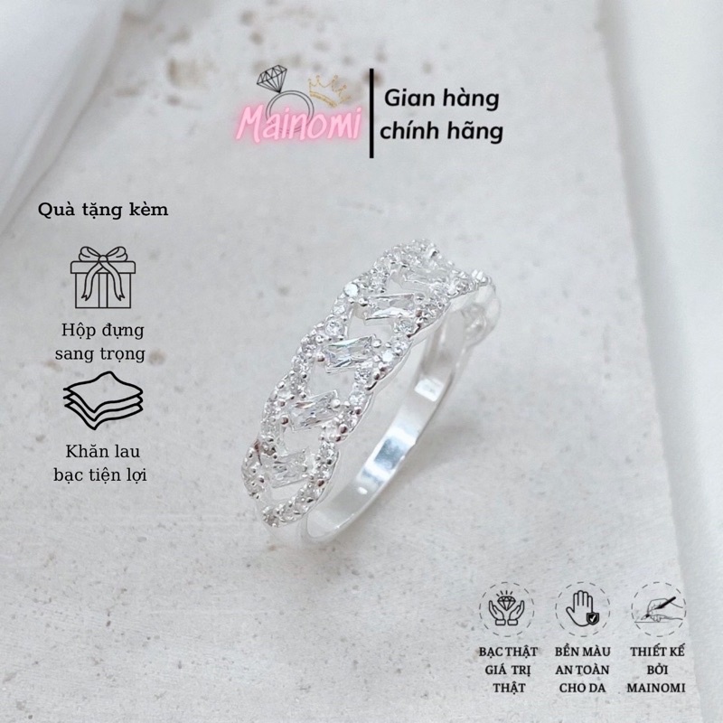 Nhẫn nữ bản to đính đá ghết chéo cách điệu sang chảnh MAINOMI Shop bạc xinh