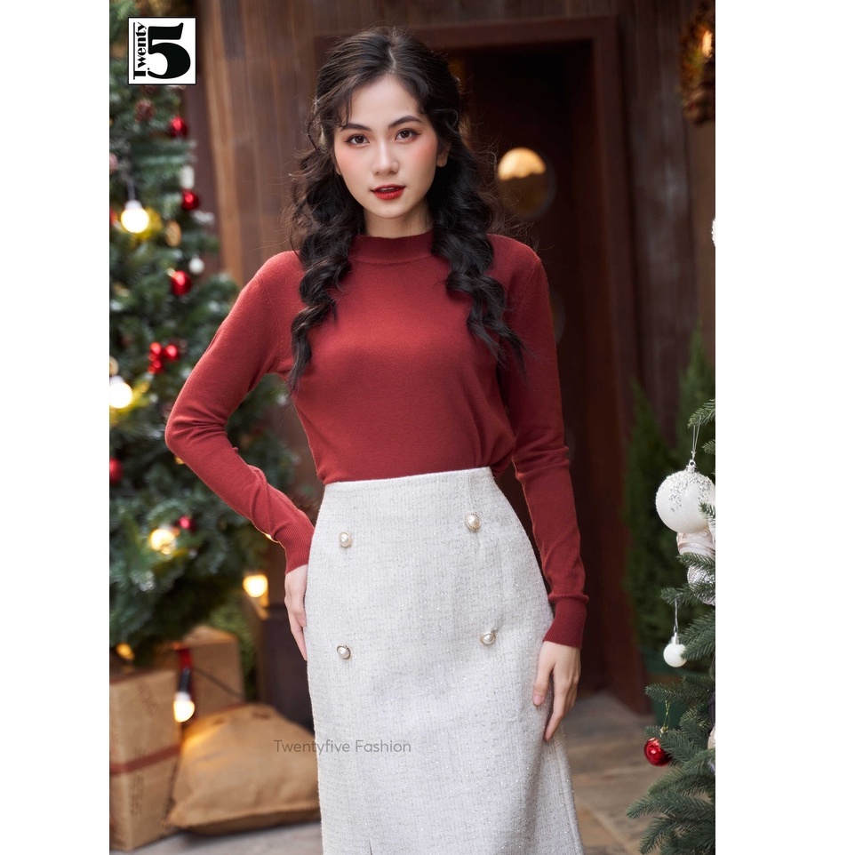 Áo len trơn nữ dáng suông cổ cao 3cm Twentyfive 3911