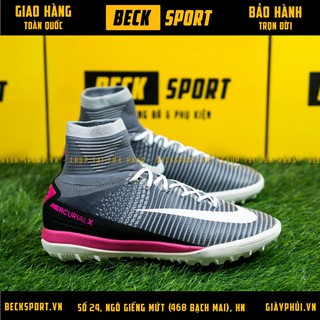 Giày Bóng Đá Mercurial SuperFly Xám Hồng Đế Trắng Cao Cổ TF