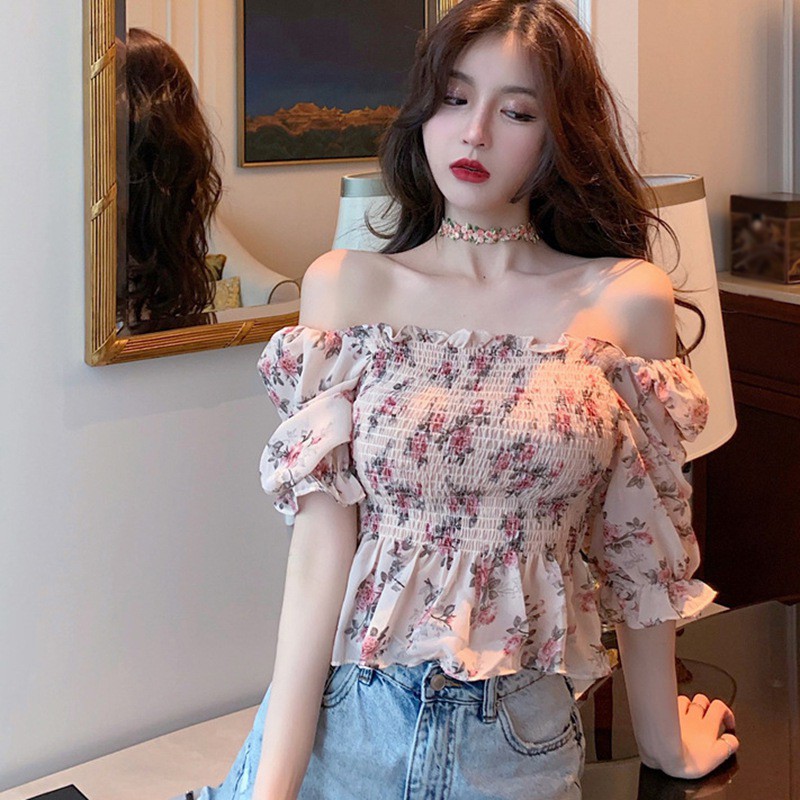 Áo Kiểu Chất Chiffon Hoạ Tiết Hoa Thiết Kế Trễ Vai Quyến Rũ