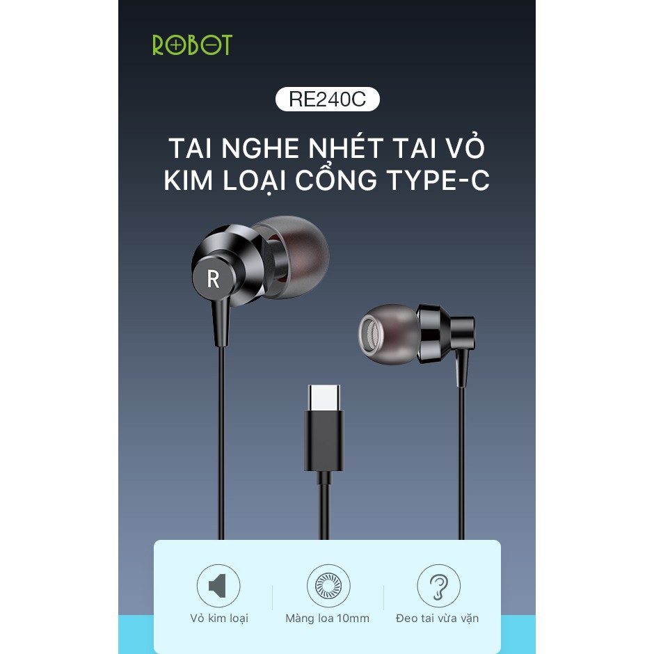 Tai Nghe Nhét Tai ROBOT RE240C Cổng Type-C Nghe Nhạc Đàm Thoại Tương Thích Với Các Thiết Bị Android - BẢO HÀNH 12 THÁNG