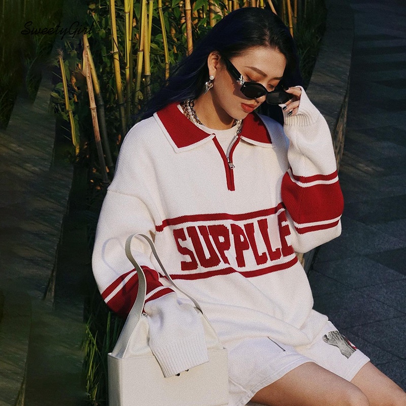 Áo Sweater Thể Thao Cổ Bẻ Tay Dài Dáng Rộng 2022 Màu Sắc Tương Phản Dành Cho Nữ