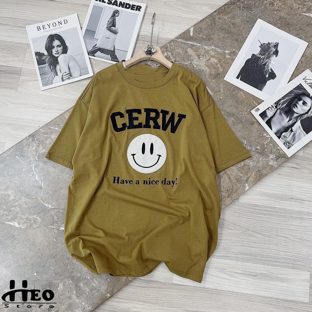 Áo thun nữ crew mặt cười vàng rêu