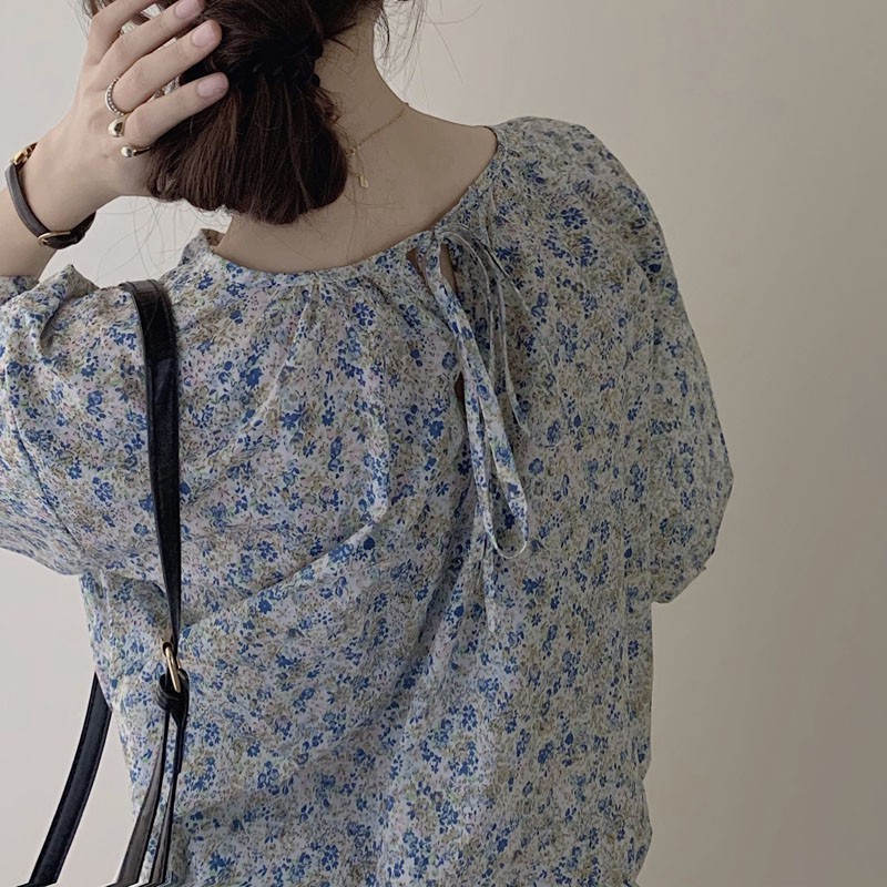 Áo sơ mi hoa cổ tròn ngắn tay form rộng phong cách vintage Hàn Quốc ulzzang