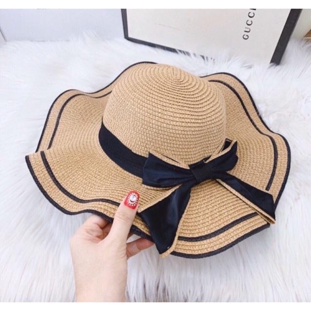 Nón đi biển - mũ cói dây cột nơ có dây viền đen cá tính thời trang nữ