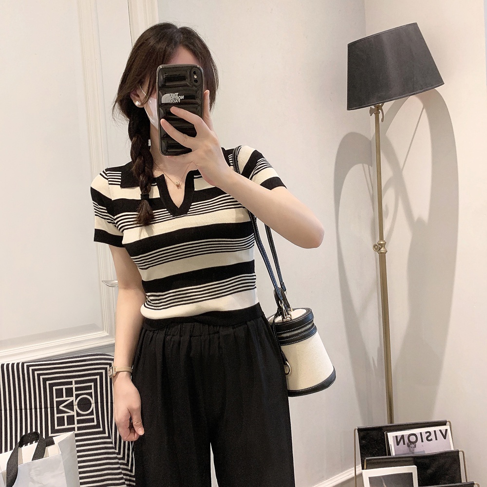 QADCOL  Áo polo Dệt Kim Mỏng Dáng Ôm Tay Ngắn Kẻ Sọc Kiểu Retro Dễ Phối Đồ
