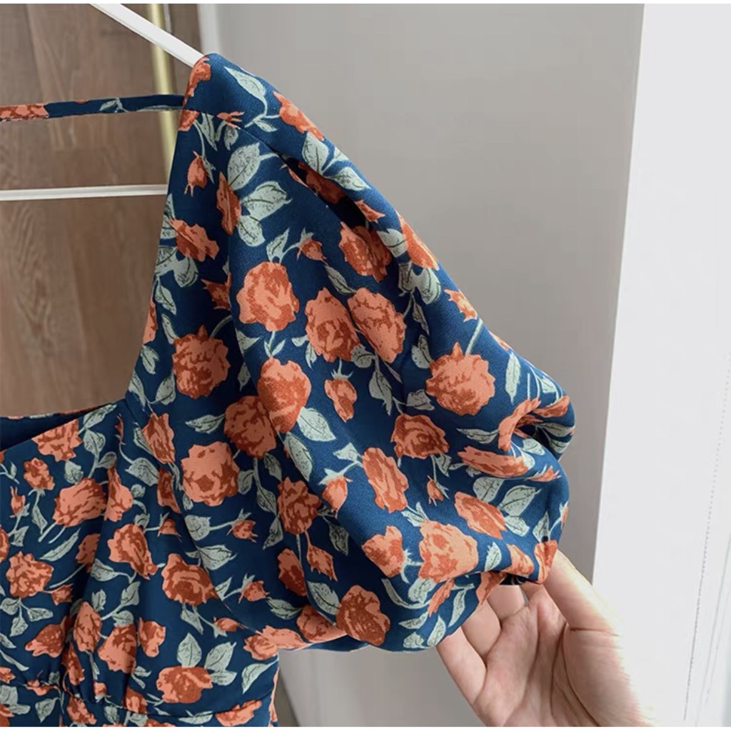 Váy hoa cam cổ tim vuông vintage | BigBuy360 - bigbuy360.vn